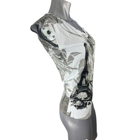 T-shirt Women’s Black White Rose Studded Small Graphic Y2K V-neck Leo Guy 90s - Picture 4 of 11